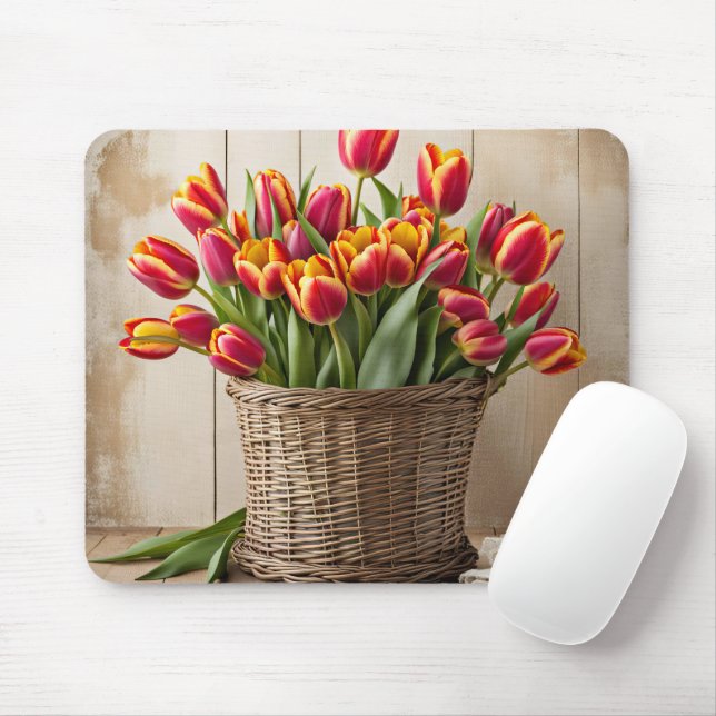 Spring Tulips in Wicker Basket Mouse Pad (With Mouse)