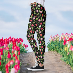 Spring Tulips Red and Pink Watercolor Floral Black Leggings