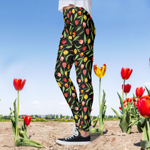 Spring Tulips Red and Yellow Black Floral Leggings