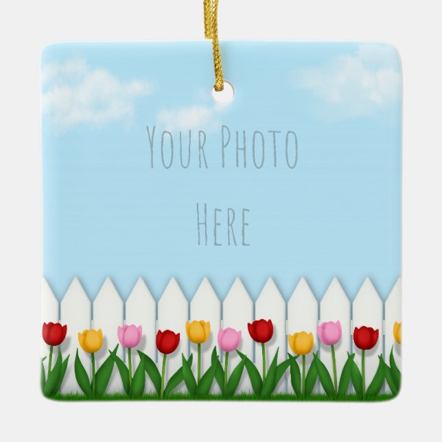 Spring Tulips White Picket Fence Custom Photo Ceramic Ornament (Front)