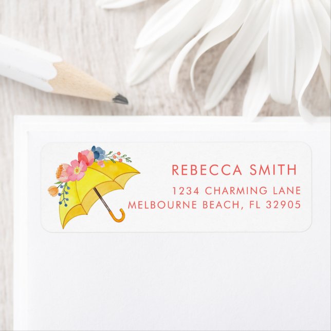 Spring Umbrella Floral Baby Shower Return Address  Label (Insitu)