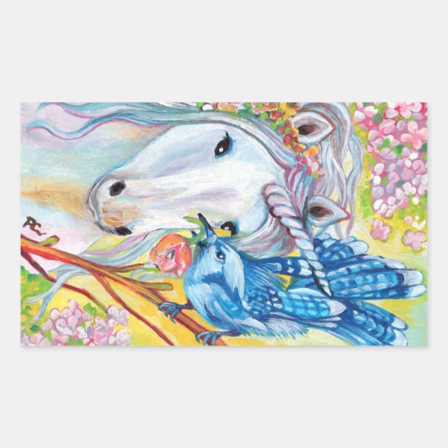 Spring Unicorn and Jay Rectangular Sticker (Front)