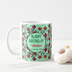 SPRING UNIQUE RED DOODLE FLOWERS BIRTHDAY COFFEE MUG