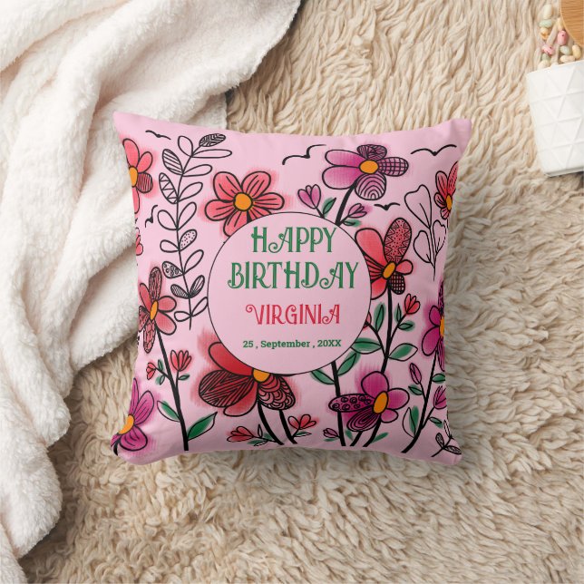 SPRING UNIQUE RED DOODLE FLOWERS BIRTHDAY CUSHION (Blanket)