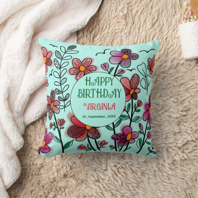 SPRING UNIQUE RED DOODLE FLOWERS BIRTHDAY CUSHION (Blanket)