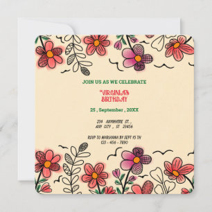 SPRING UNIQUE RED DOODLE FLOWERS BIRTHDAY INVITATION