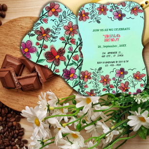 SPRING UNIQUE RED DOODLE FLOWERS BIRTHDAY INVITATION