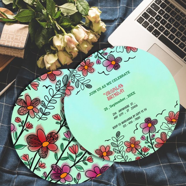 SPRING UNIQUE RED DOODLE FLOWERS BIRTHDAY  INVITATION (Creator Uploaded)