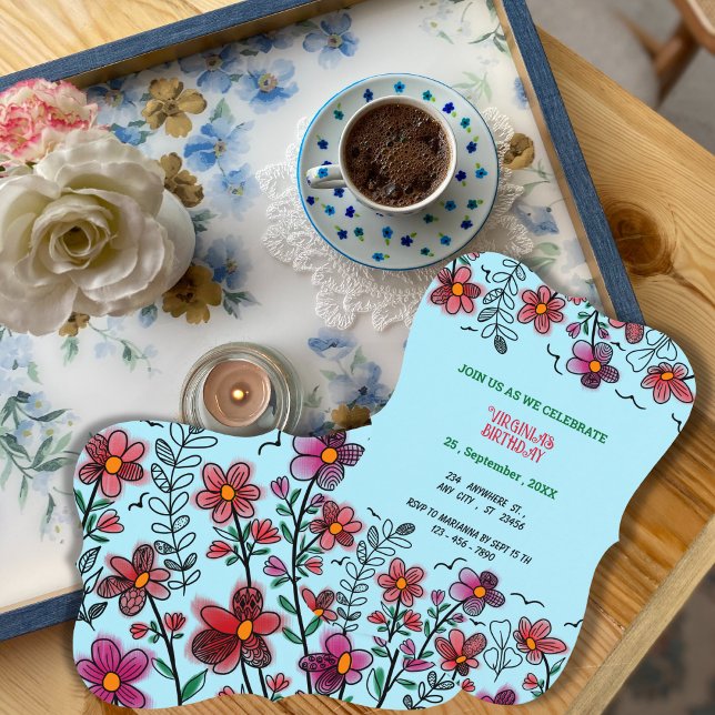 SPRING UNIQUE RED DOODLE FLOWERS BIRTHDAY  INVITATION (Creator Uploaded)