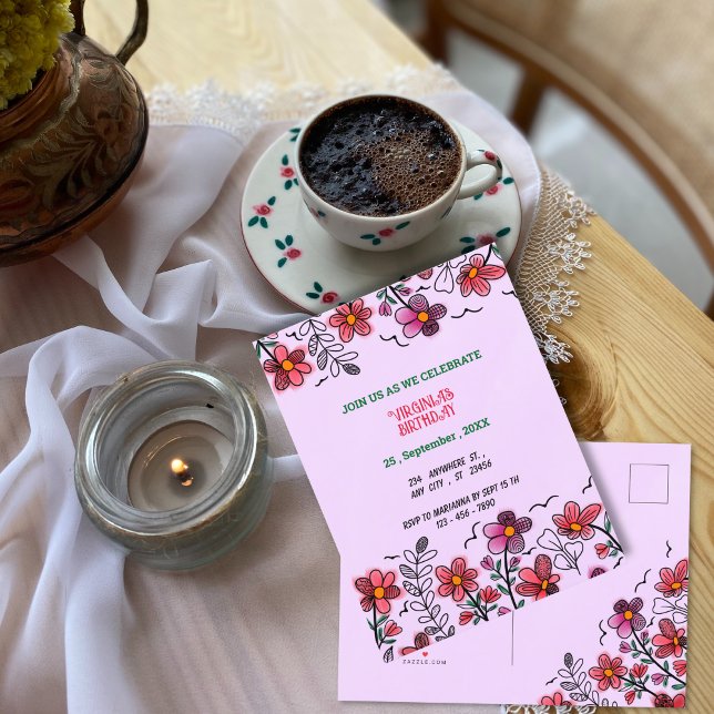 SPRING UNIQUE RED DOODLE FLOWERS BIRTHDAY  INVITATION POSTCARD (Creator Uploaded)