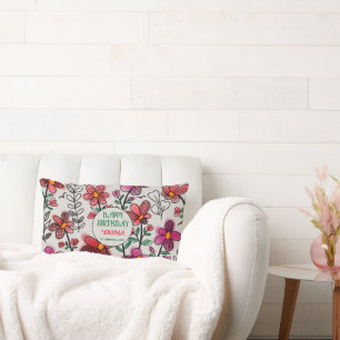 SPRING UNIQUE RED DOODLE FLOWERS BIRTHDAY LUMBAR CUSHION