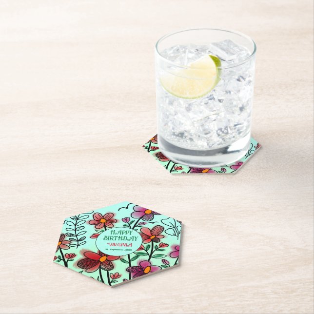 SPRING UNIQUE RED DOODLE FLOWERS BIRTHDAY  PAPER COASTER (Insitu)