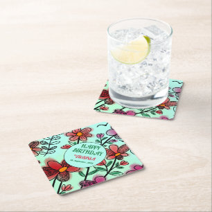 SPRING UNIQUE RED DOODLE FLOWERS BIRTHDAY PAPER COASTER