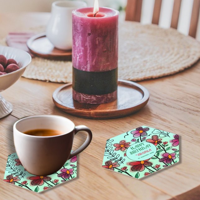 SPRING UNIQUE RED DOODLE FLOWERS BIRTHDAY  PAPER COASTER (Creator Uploaded)