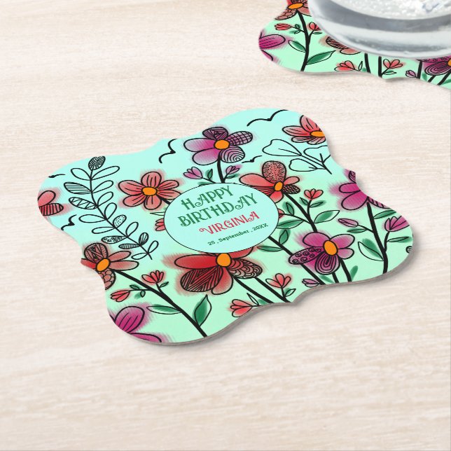 SPRING UNIQUE RED DOODLE FLOWERS BIRTHDAY  PAPER COASTER (Angled)