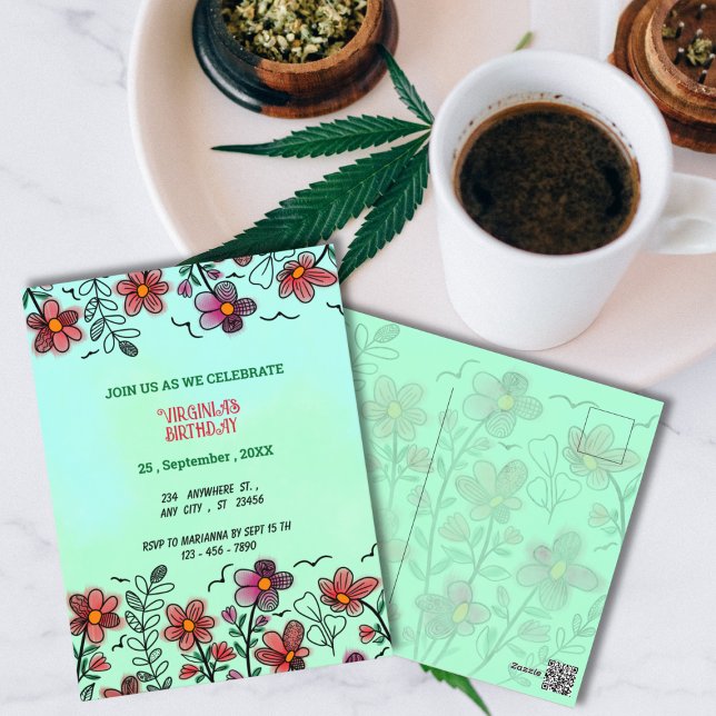 SPRING UNIQUE RED DOODLE FLOWERS BIRTHDAY  POSTCARD (Creator Uploaded)