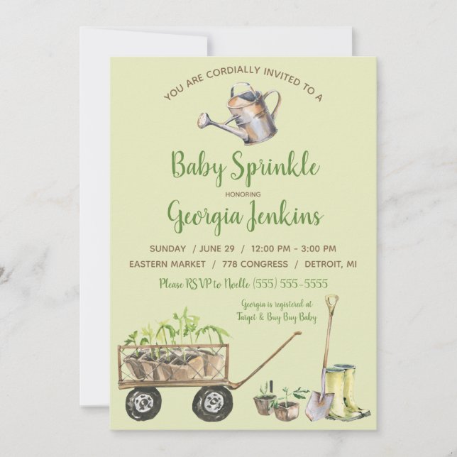 Spring Vegetable Garden Watering Can Baby Sprinkle Invitation (Front)