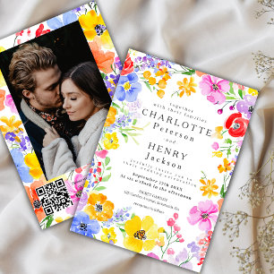Spring Vibrant Watercolor Flowers Photo Wedding Invitation