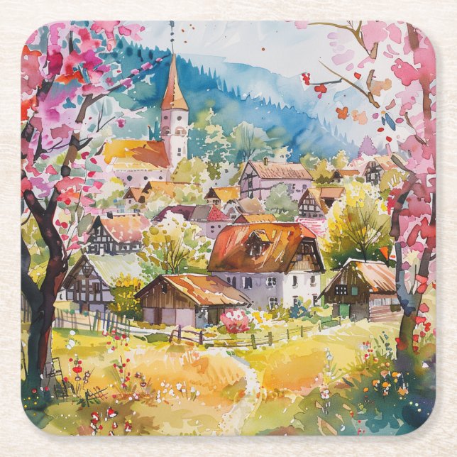 Spring Village Square Paper Coaster (Front)