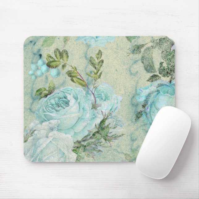 SPRING VINTAGE BLUE ROSE MOUSE PAD (With Mouse)