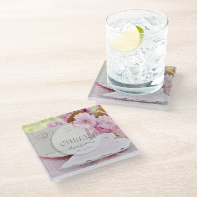 Spring vintage flower loveletter wedding glass coaster (Angled)