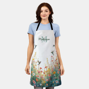 Spring Watercolor Birds Floral Monogram Wildflower Apron