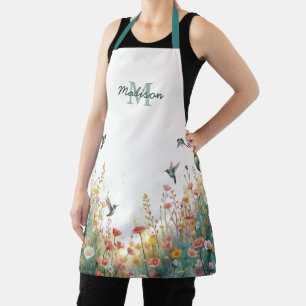 Spring Watercolor Birds Floral Monogram Wildflower Apron