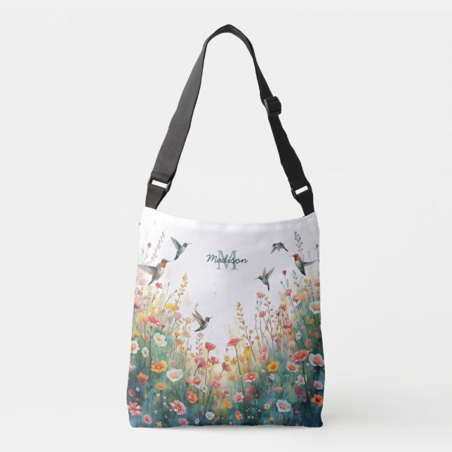 Spring Watercolor Birds Floral Monogram Wildflower Crossbody Bag (Front)
