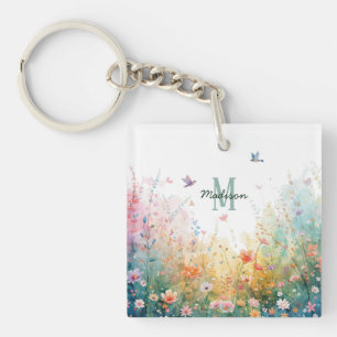 Spring Watercolor Birds Floral Monogram Wildflower Key Ring