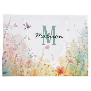 Spring Watercolor Birds Floral Monogram Wildflower Large Gift Bag