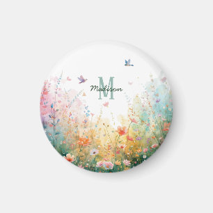 Spring Watercolor Birds Floral Monogram Wildflower Magnet