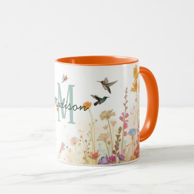 Spring Watercolor Birds Floral Monogram Wildflower Mug (Front Right)