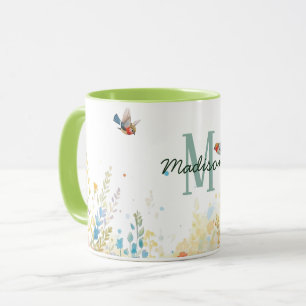 Spring Watercolor Birds Floral Monogram Wildflower Mug