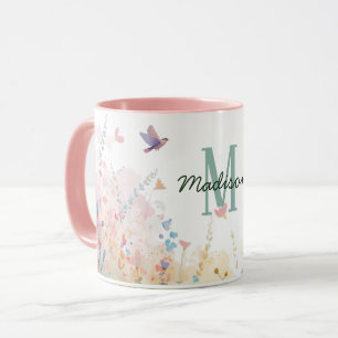 Spring Watercolor Birds Floral Monogram Wildflower Mug
