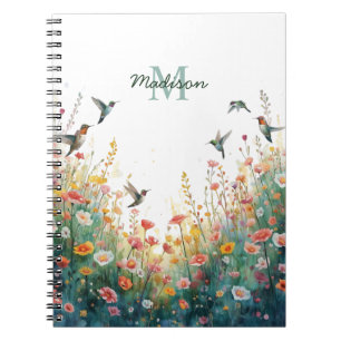 Spring Watercolor Birds Floral Monogram Wildflower Notebook