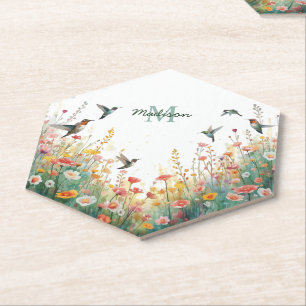 Spring Watercolor Birds Floral Monogram Wildflower Paper Coaster