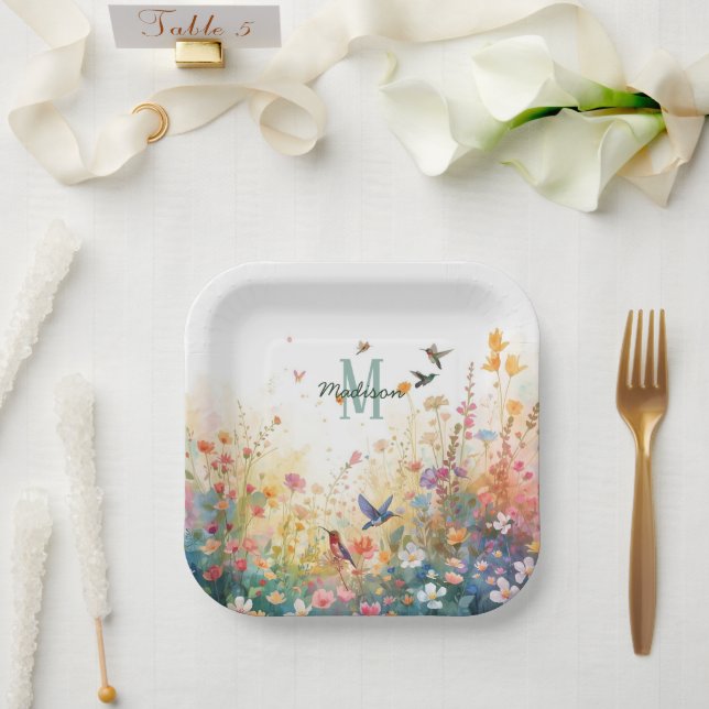 Spring Watercolor Birds Floral Monogram Wildflower Paper Plate (Wedding)