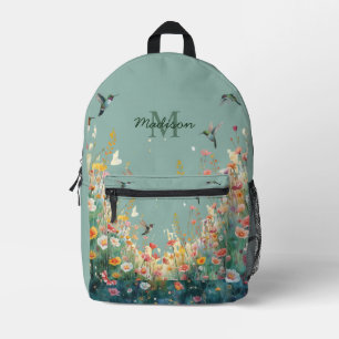 Spring Watercolor Birds Floral Monogram Wildflower Printed Backpack
