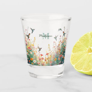 Spring Watercolor Birds Floral Monogram Wildflower Shot Glass