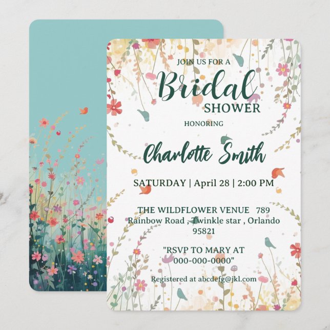 Spring Watercolor Birds Floral Wildflower Name Invitation (Front/Back)