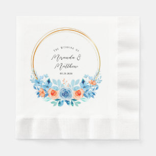 Spring Watercolor Blue Orange Florals Gold Wedding Napkin