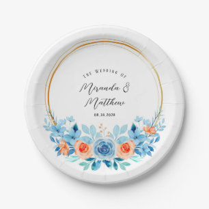 Spring Watercolor Blue Orange Florals Gold Wedding Paper Plate