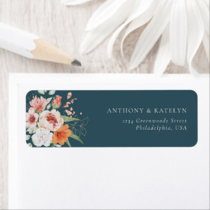 Spring Watercolor Blush Peach Floral Teal Blue Return Address Label