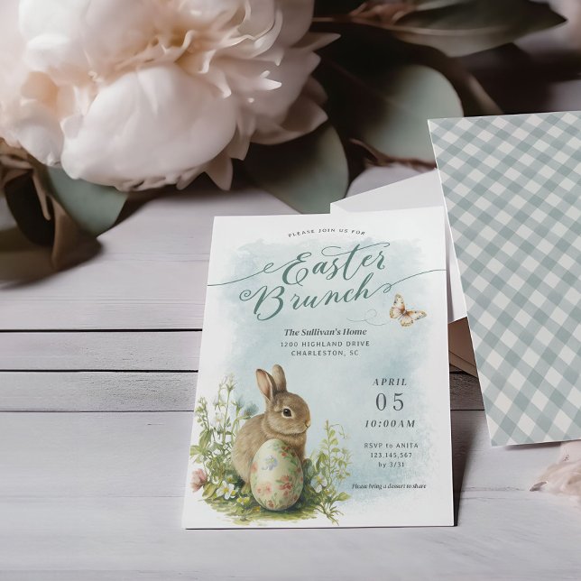 Spring Watercolor Bunny Easter Brunch Invitation (Easter brunch invitation mockup with watercolor vintage bunny illustration. )