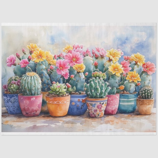 Spring Watercolor Cactus and Flowers Decoupage Tissue Paper (Front)
