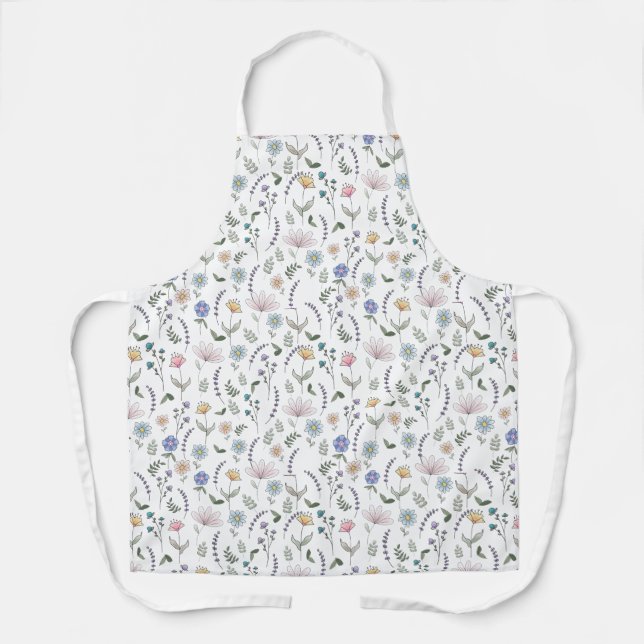 Spring Watercolor Doodle Flowers Apron (Front)