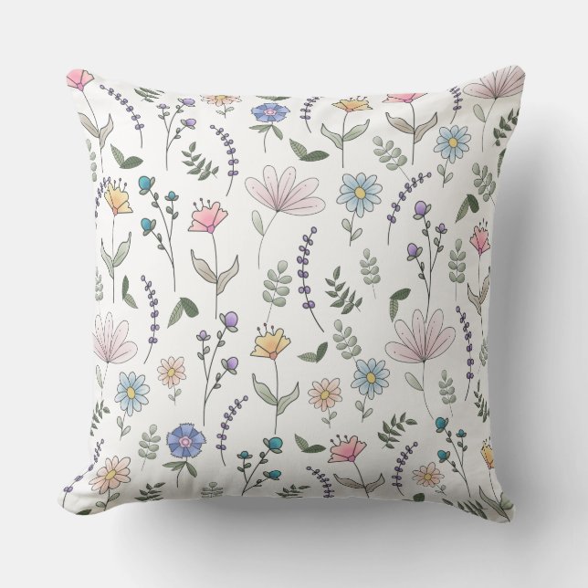 Spring Watercolor Doodle Flowers Cushion (Front)