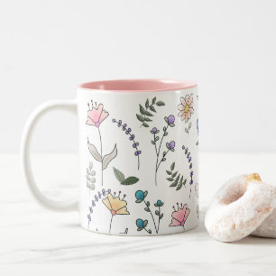 Spring Watercolor Doodle Flowers Two-Tone Coffee Mug