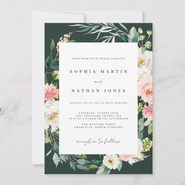 Spring Watercolor Floral Blush Green Wedding  Invitation (Front)