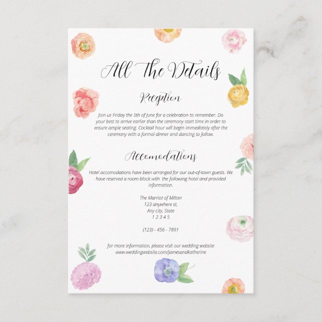 Spring Watercolor Floral Details Wedding Enclosure Card (Front)